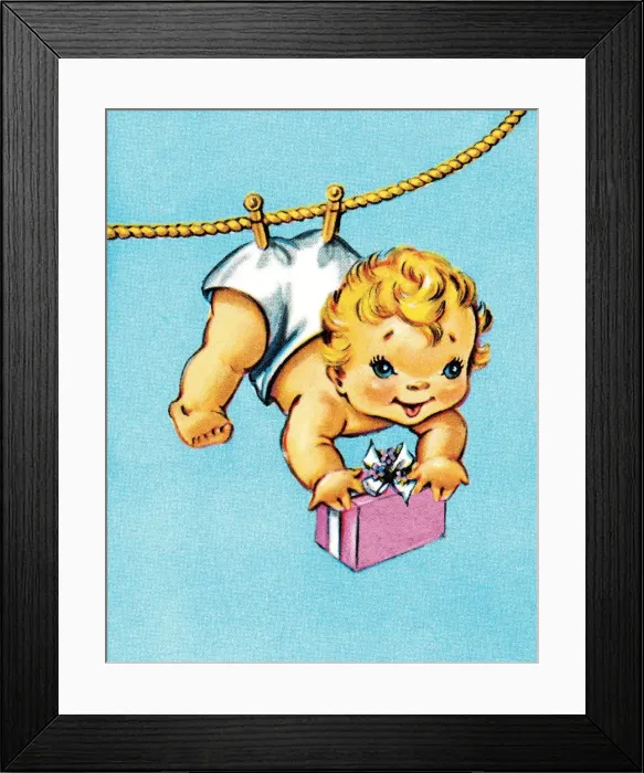 Framed Print : Baby pinned on a clothesline Framed Print : Baby pinned on a clothesline