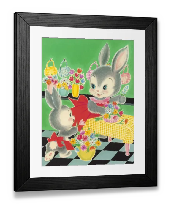 Framed Print : Rabbits Making Flower Baskets Framed Print : Rabbits Making Flower Baskets