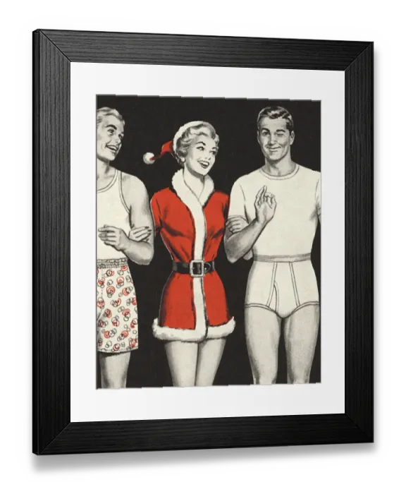 Framed Print : Woman in Santa Outfit with Two Men in Underwear Framed Print : Woman in Santa Outfit with Two Men in Underwear