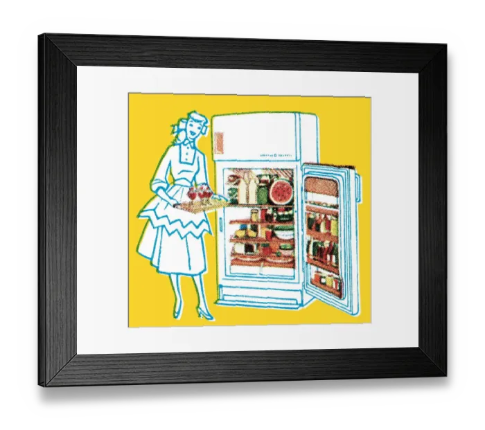 Framed Print : Woman with full refrigerator Framed Print : Woman with full refrigerator