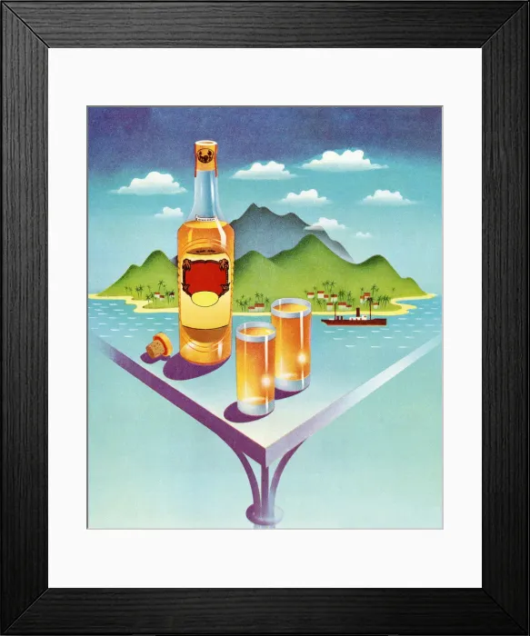 Framed Print : Liquor Bottle and Drinks In Front Of Island Framed Print : Liquor Bottle and Drinks In Front Of Island