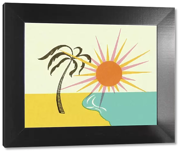 Beach Scene With Sun and Palm Tree