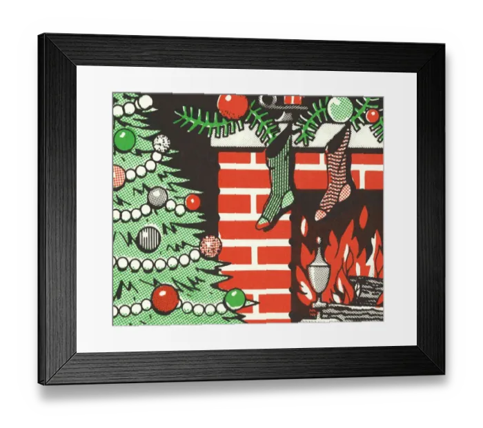 Framed Print : Christmas Tree and Stockings Hung on a Fireplace Framed Print : Christmas Tree and Stockings Hung on a Fireplace