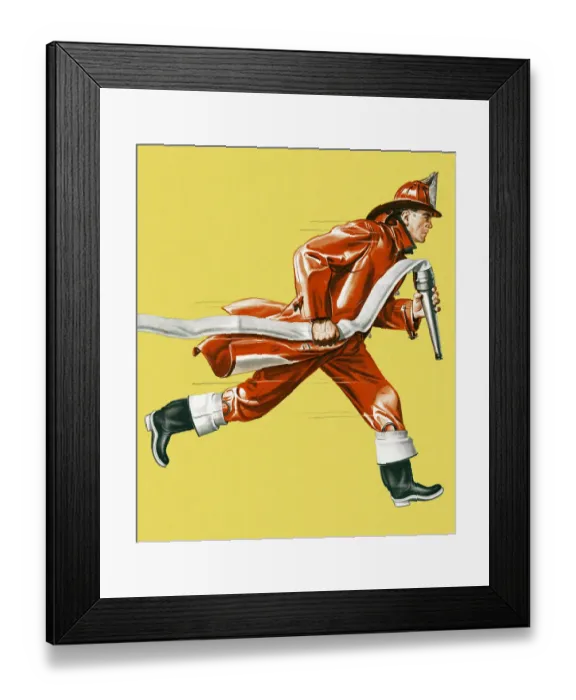 Framed Print : Fireman Running With Hose Framed Print : Fireman Running With Hose