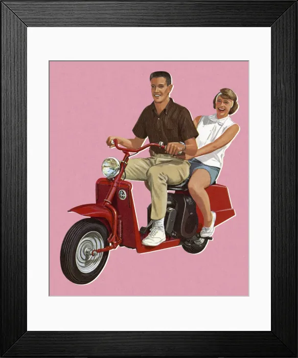 Framed Print : Man and Woman Riding a Scotter Framed Print : Man and Woman Riding a Scotter