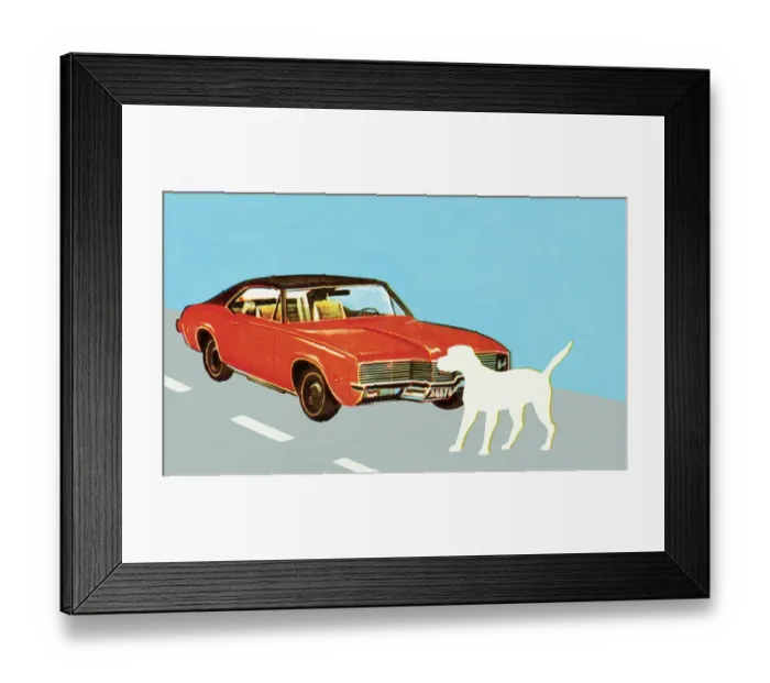 Framed Print : Roadster with crossing dog Framed Print : Roadster with crossing dog