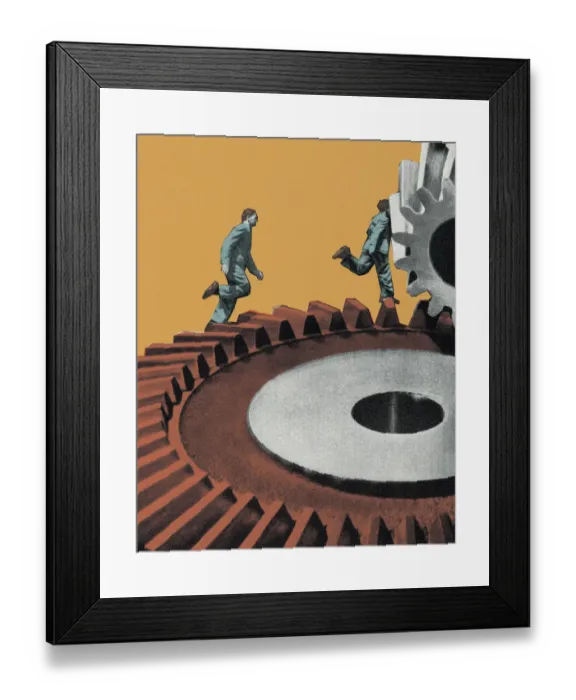 Framed Print : Businessmen Running on a Gear Framed Print : Businessmen Running on a Gear
