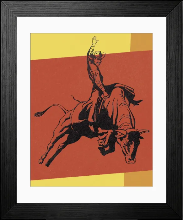 Framed Print : Cowboy Riding a Steer Framed Print : Cowboy Riding a Steer