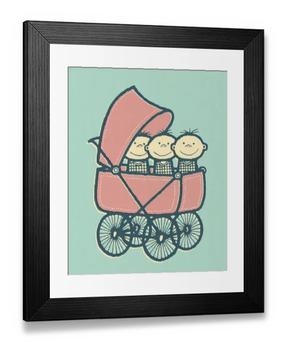 Framed Print : Triplet Babies in Baby Buggy