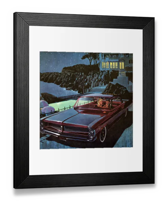 Framed Print : Couple in Burgundy Vintage Car at Night Framed Print : Couple in Burgundy Vintage Car at Night