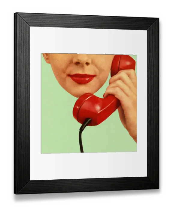 Framed Print : Woman Holding Red Phone to Her Ear