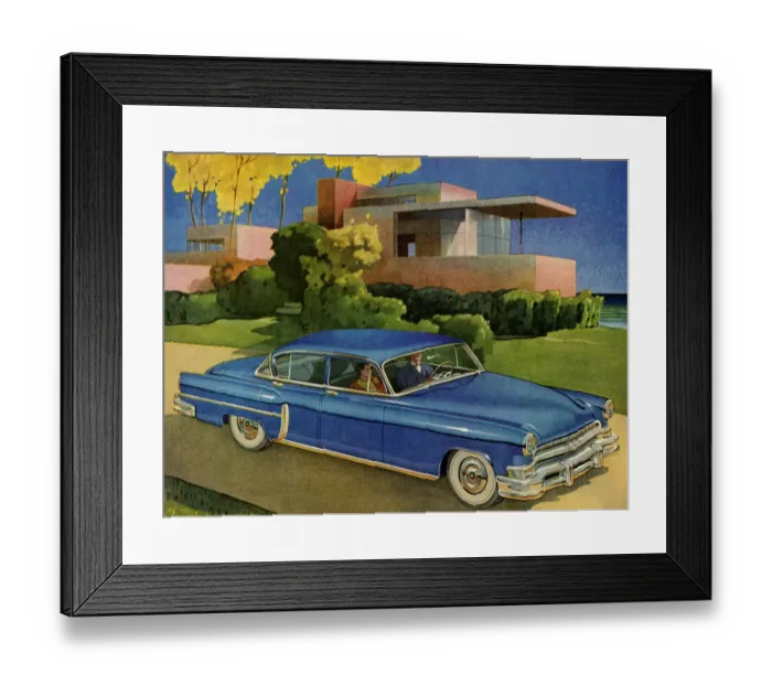 Framed Print : Blue Vintage Car In Front of House Framed Print : Blue Vintage Car In Front of House
