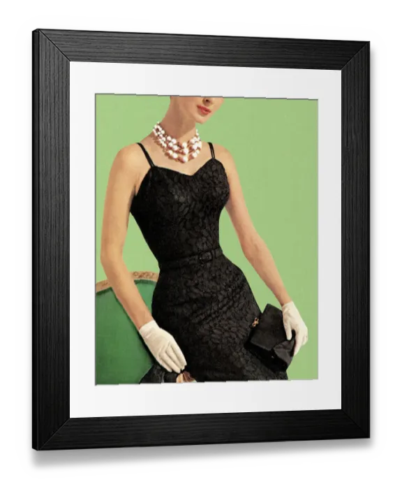 Framed Print : Woman wearing black dress and pearl necklace Framed Print : Woman wearing black dress and pearl necklace