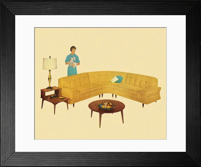 Framed Print : Woman Standing Behind Curved Yellow Couch Framed Print : Woman Standing Behind Curved Yellow Couch