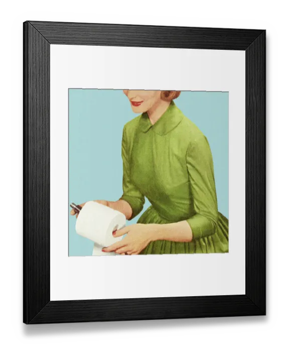 Framed Print : A woman in vintage fashion holding a toilet paper roll Framed Print : A woman in vintage fashion holding a toilet paper roll