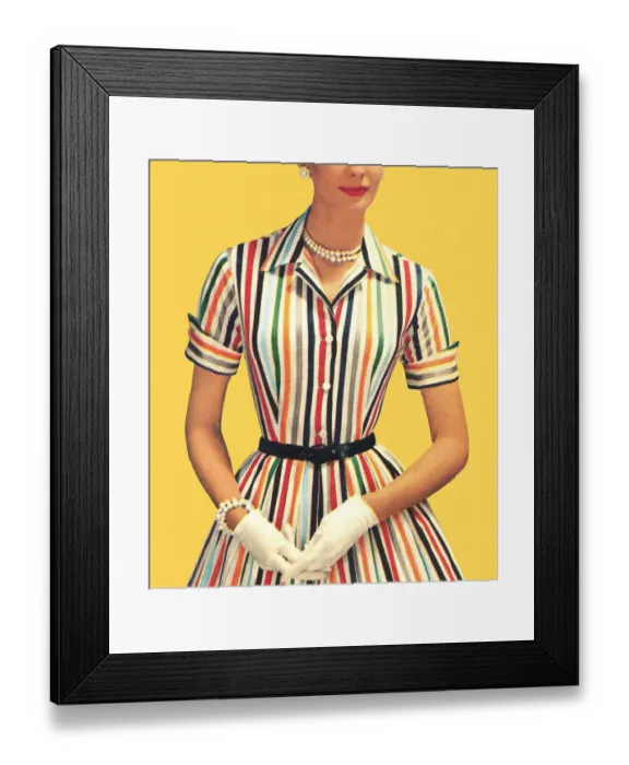 Framed Print : Woman wearing old-fashioned striped dress with white gloves Framed Print : Woman wearing old-fashioned striped dress with white gloves