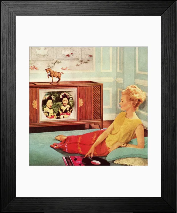 Framed Print : Woman Watching TV In Blue Room