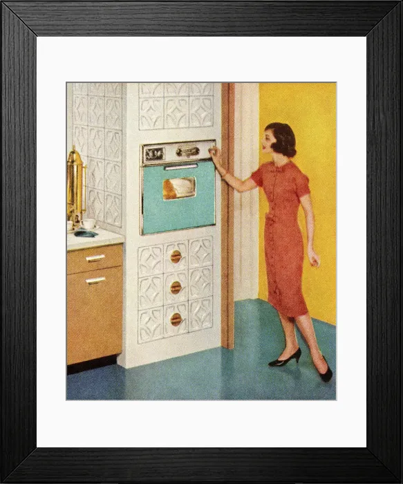 Framed Print : Woman Standing By Turquoise Oven