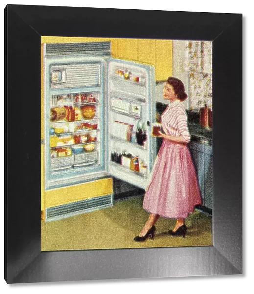 Woman Standing at Open Refrigerator