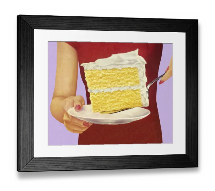Framed Print : Woman Holding Large Piece of Cake