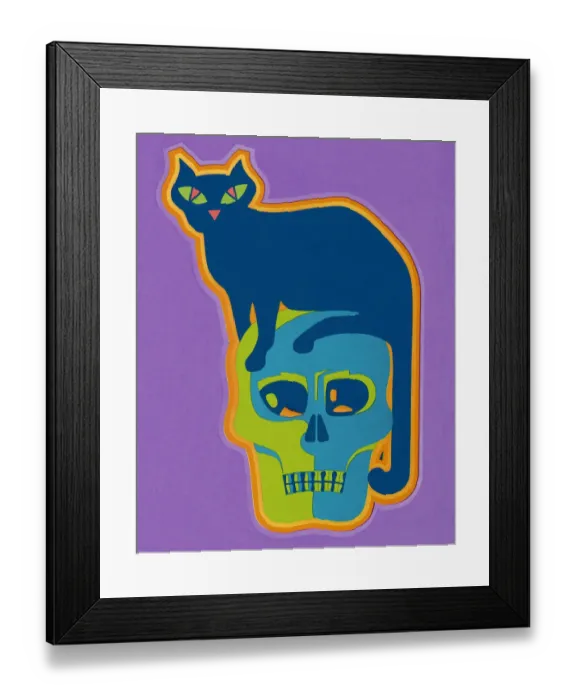 Framed Print : Cat Sitting on Skull Framed Print : Cat Sitting on Skull