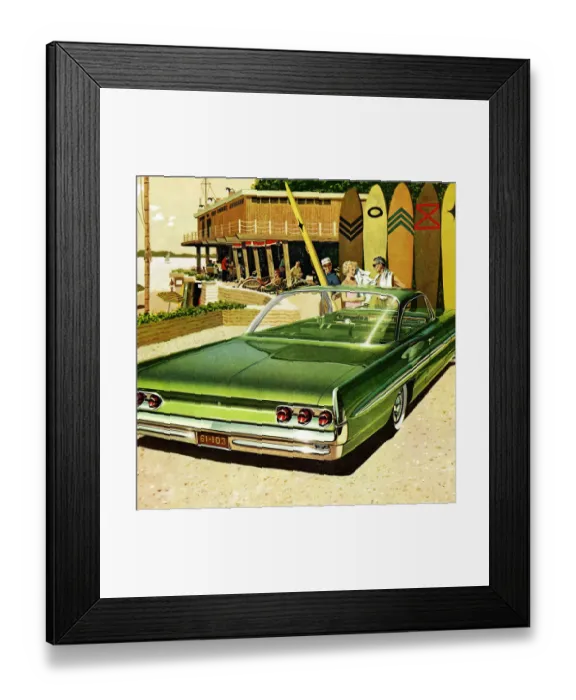 Framed Print : Vintage poster of couple at beach in front of green car Framed Print : Vintage poster of couple at beach in front of green car