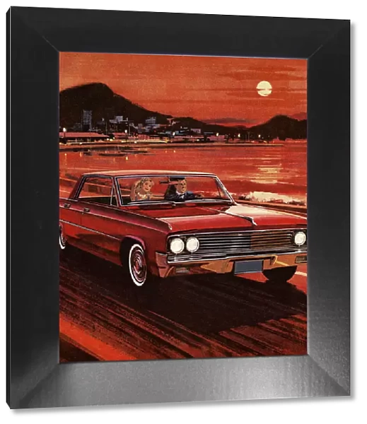 Painting of couple driving in red vintage car