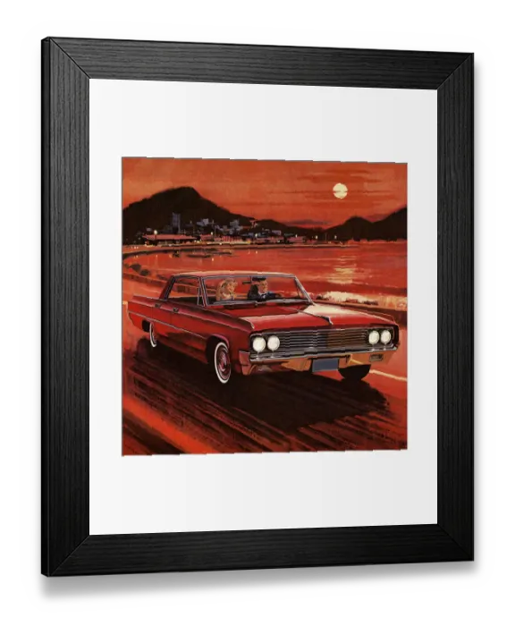 Framed Print : Painting of couple driving in red vintage car Framed Print : Painting of couple driving in red vintage car