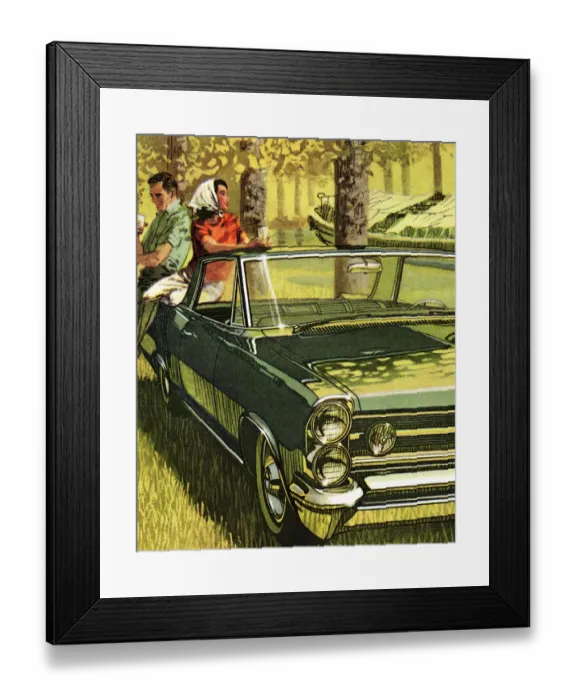 Framed Print : Couple Sitting on Vintage Green Car Framed Print : Couple Sitting on Vintage Green Car