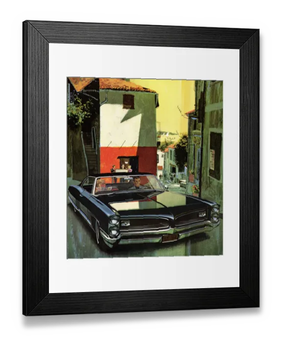 Framed Print : Illustration of a couple driving in a vintage black car Framed Print : Illustration of a couple driving in a vintage black car
