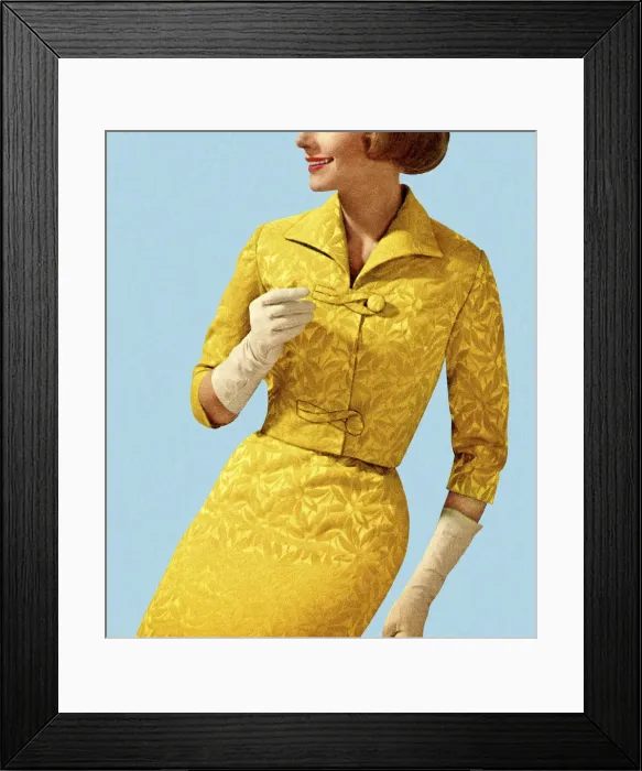 Framed Print : Smiling woman wearing vintage yellow suit