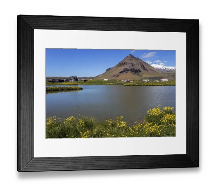 Framed Print : Arnarstapi municipality, Stapafell mountain and Snaefelljoekull glacier at the back Framed Print : Arnarstapi municipality, Stapafell mountain and Snaefelljoekull glacier at the back