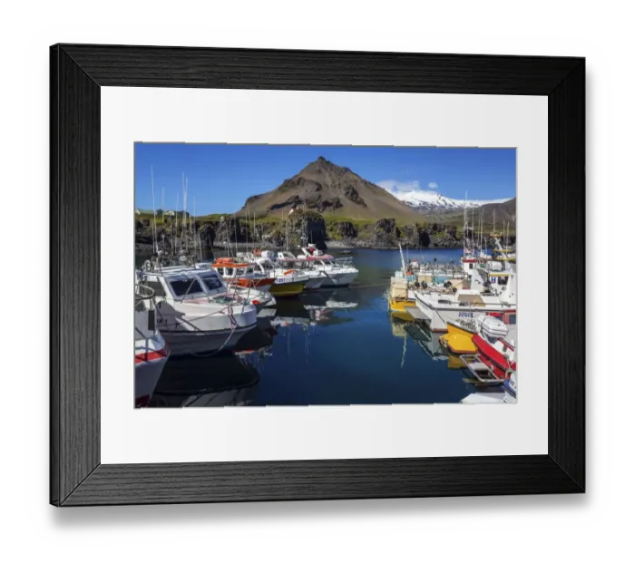 Framed Print : Arnarstapi harbour, behind Stapafell mountain and Snaefelljoekull glacier, Arnarstapi Framed Print : Arnarstapi harbour, behind Stapafell mountain and Snaefelljoekull glacier, Arnarstapi