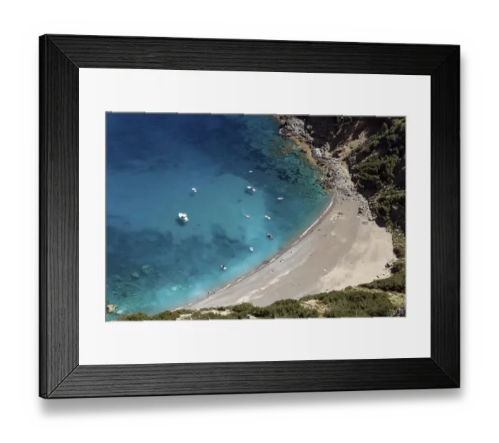 Framed Print : View on the beach Platja des Coll Baix, turquoise blue water, anchoring boats, peninsula Framed Print : View on the beach Platja des Coll Baix, turquoise blue water, anchoring boats, peninsula
