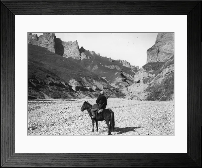 Framed Print : Tein Shan. circa 1895: A rider in the Tein Shan mountains in China Framed Print : Tein Shan. circa 1895: A rider in the Tein Shan mountains in China