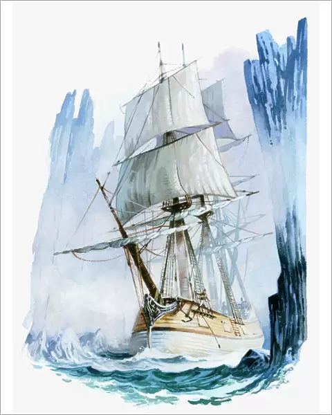 Illustration of Captain Cooks ship HMS Resolution in icy waters of Antarctic Circle