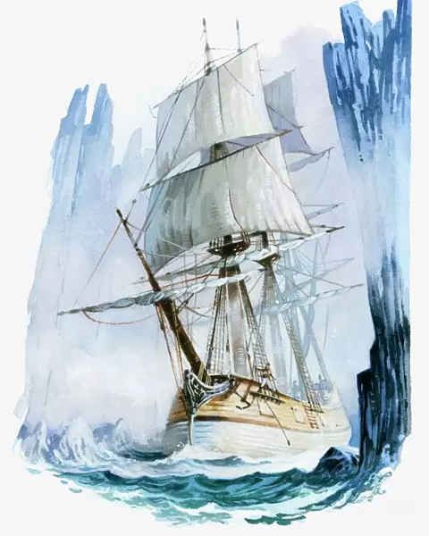 Illustration of Captain Cooks ship HMS Resolution in icy waters of Antarctic Circle