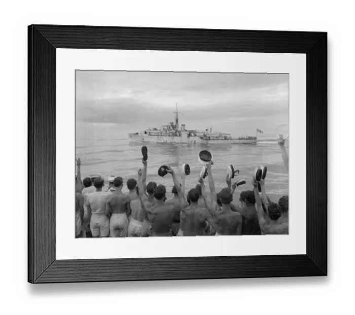 Framed Print : Ship Ahoy. 22nd August 1949: Crew of HMS Jamaica cheering the HMS Amethyst Framed Print : Ship Ahoy. 22nd August 1949: Crew of HMS Jamaica cheering the HMS Amethyst