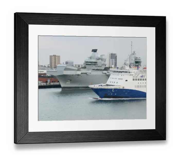 Framed Print : Incoming ferry viewed passing HMS Queen Elizabeth aircraft carrier Framed Print : Incoming ferry viewed passing HMS Queen Elizabeth aircraft carrier