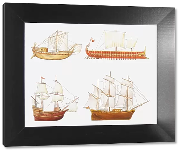 Illustration of four historic ships, Roman merchant ship, ancient Greek Trireme battleship
