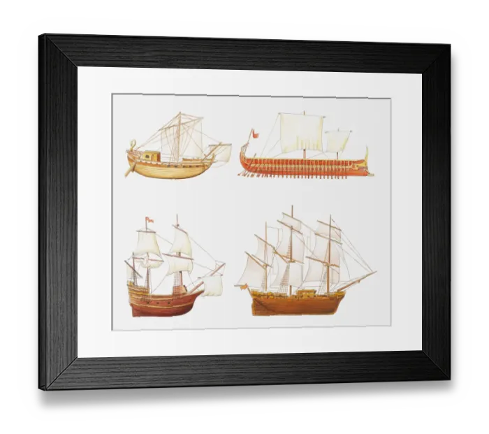 Framed Print : Illustration of four historic ships, Roman merchant ship, ancient Greek Trireme battleship Framed Print : Illustration of four historic ships, Roman merchant ship, ancient Greek Trireme battleship