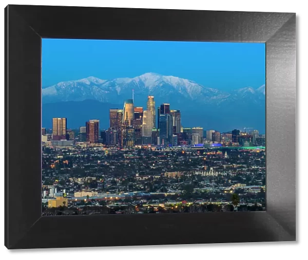 Los Angeles Skyline With Snow Capped Mountains