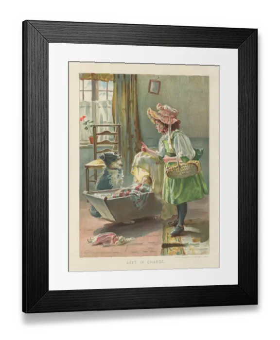 Framed Print : Victorian girl minding a baby and a dog Framed Print : Victorian girl minding a baby and a dog