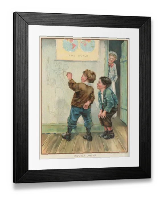 Framed Print : Naughty Victorian schoolboy drawing a caricature of his teacher on the wall -
