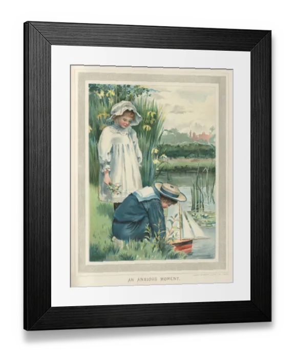 Framed Print : Victorian children launching a toy yacht in a pond