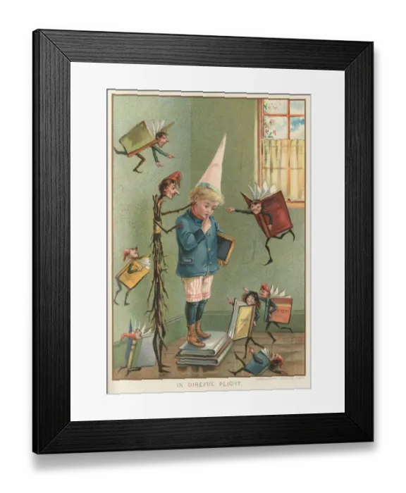 Framed Print : Unfortunate Victorian schoolboy being punished and bullied by his schoolbooks Framed Print : Unfortunate Victorian schoolboy being punished and bullied by his schoolbooks