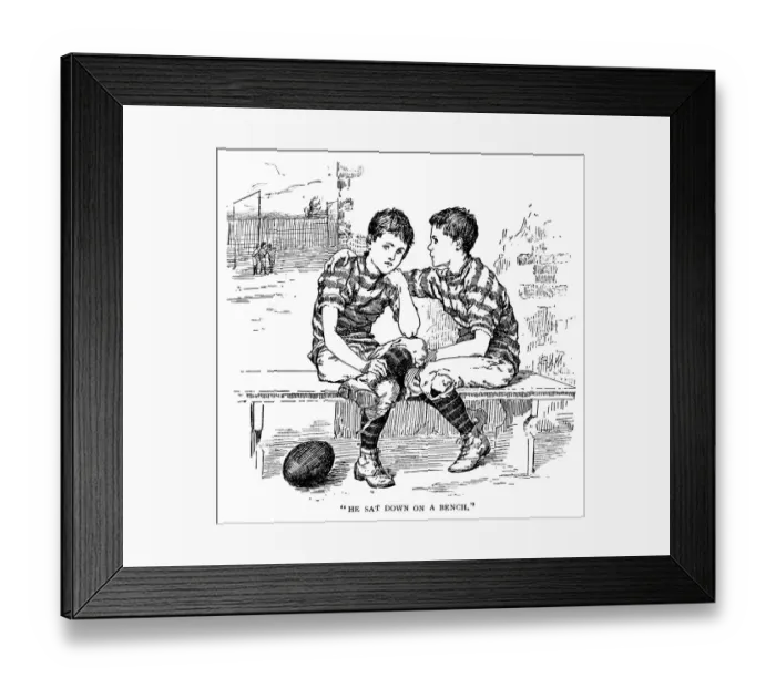 Framed Print : Two Victorian boys in rugby football kit talking on a bench Framed Print : Two Victorian boys in rugby football kit talking on a bench