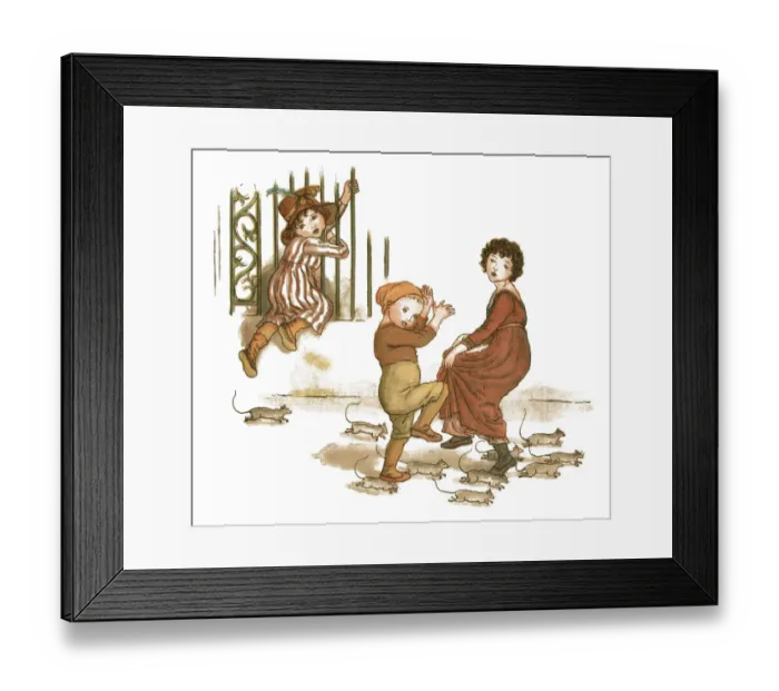 Framed Print : Young girl and two children trying to escape from rats