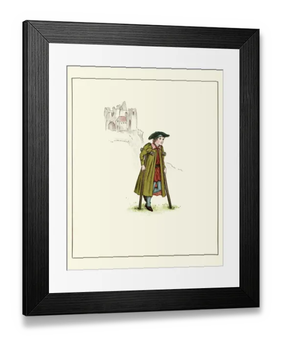 Framed Print : Boy on crutches following the pied piper Framed Print : Boy on crutches following the pied piper
