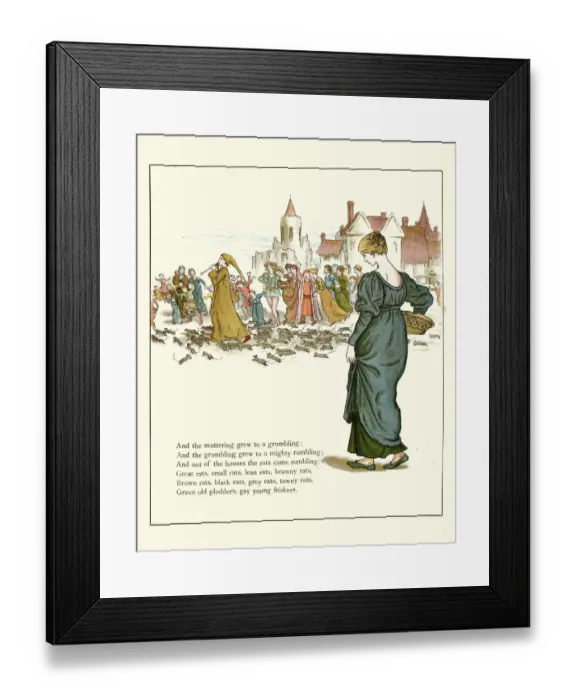 Framed Print : Pied Piper of Hamelin leading the rats out of town illustration